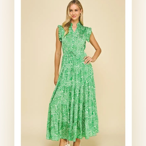 Pinch Dresses & Skirts - NWOT Pinch Paisley Green White Maxi Dress Flutter Sleeve Tie Waist